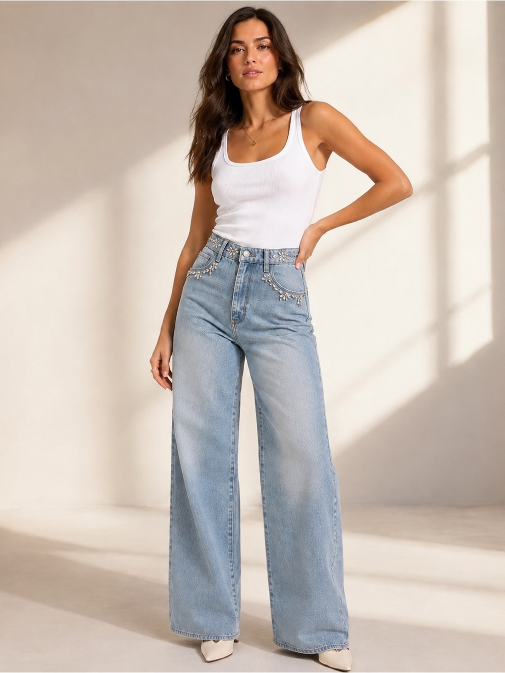 NEW BLANKNYC The Franklin Ribe Cage Wide Leg Jeans 30 Crystal Embellished